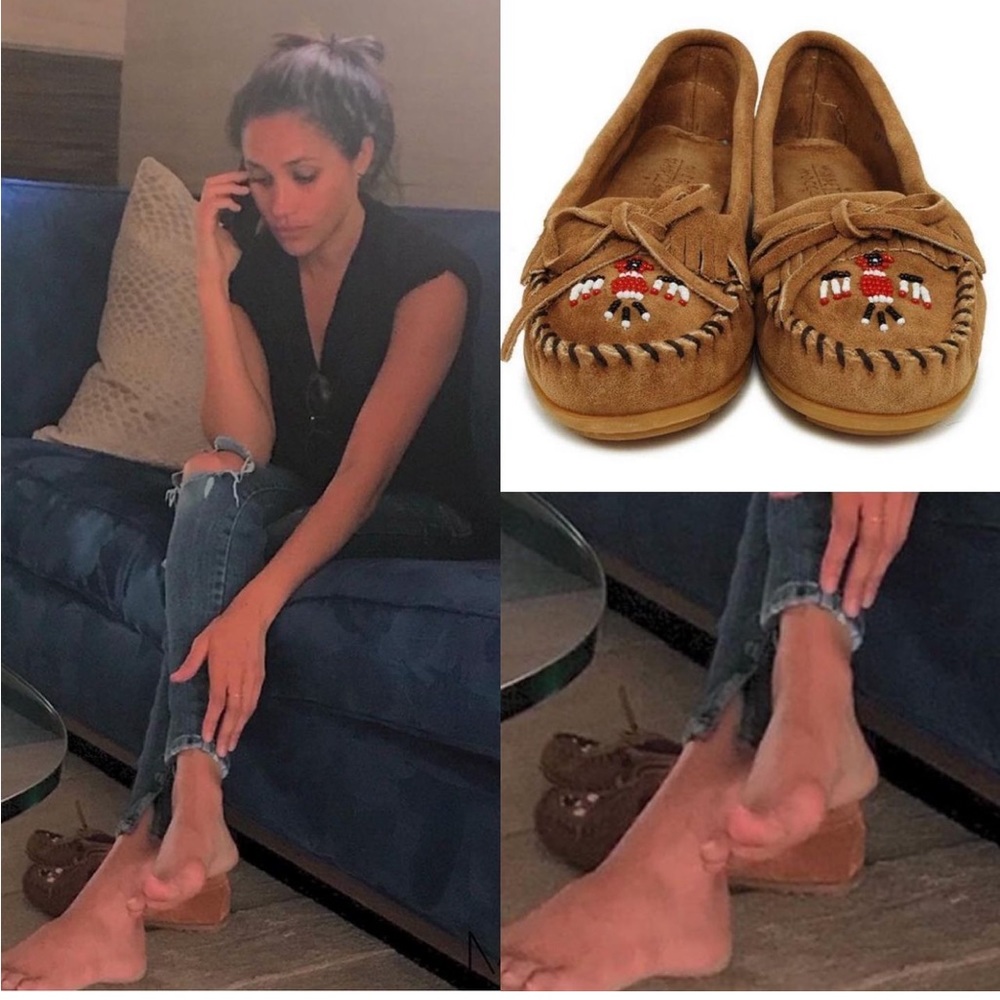 AS SEEN ON Meghan Markle Minnetonka Thunderbird brown moccasins 8.5 9